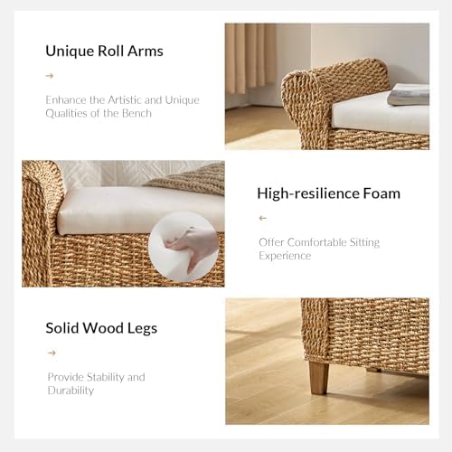 56" rattan storage bench with rolled arms, bohemian, side view