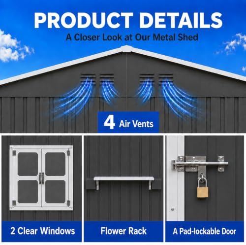 10x8 ft outdoor storage shed with 2 clear, close-up detail