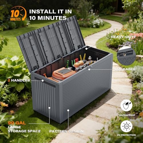 vingli 90 gallon lockable durable outdoor storage box showing dimensions