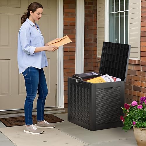 outdoor storage box waterproof, 35 gallon deck box on a desk or shelf