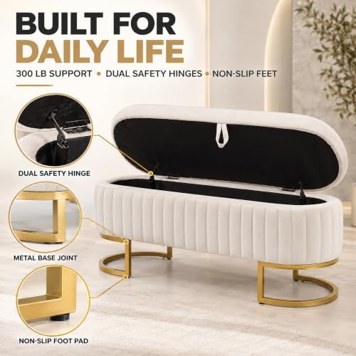 velvet storage bench for bedroom, 46" oval end, front angle view