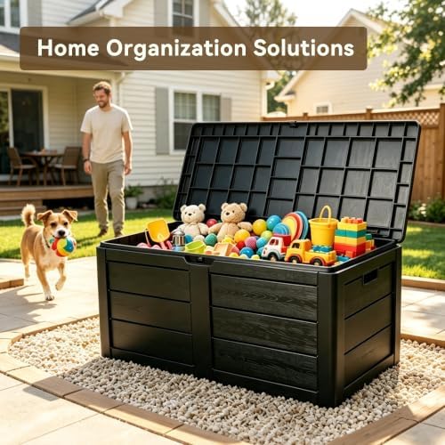 70 gallon deck box, outdoor storage box waterproof shown in use