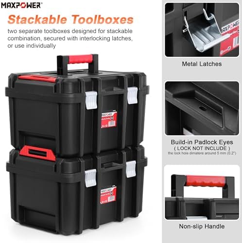 maxpower 16-inch stackable tool box, 10" h, metal, close-up detail