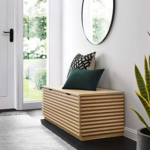 modway render 47" wood grain storage bench in, front angle view