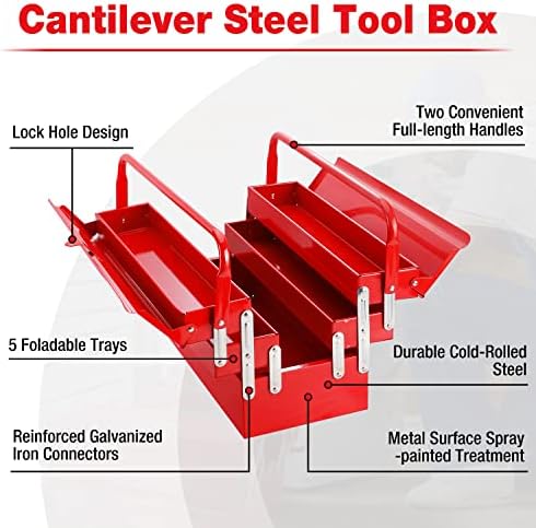 workpro metal tool box, 18-inch cantilever folding red shown in use