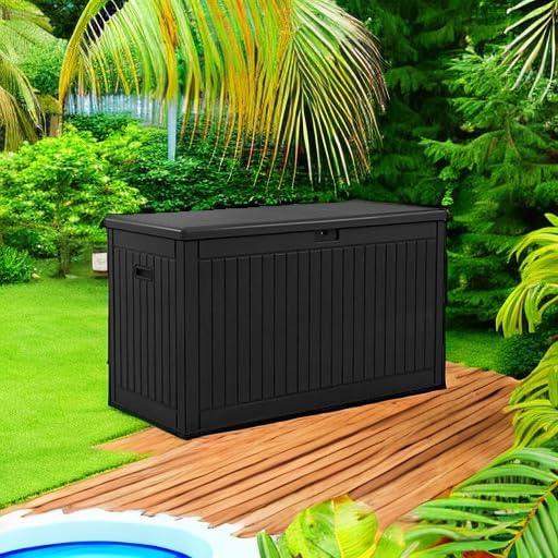 yitahome 320 gallon extra large deck box showing dimensions