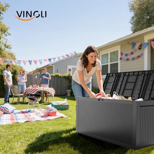 vingli 90 gallon lockable durable outdoor storage box shown in use