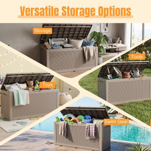 outdoor storage box, 160 gallon waterproof resin deck showing dimensions