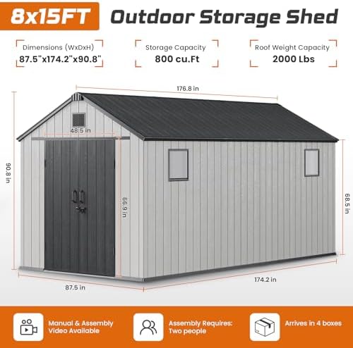 jocoevol heavy duty storage shed, 8x15ft resin outdoor shown in use