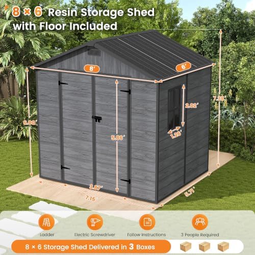 udpatio resin storage shed 8x6 ft, plastic outdoor shown in use