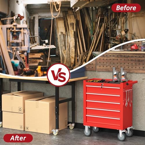 5 drawers rolling tool chest with wheels, portable on a desk or shelf