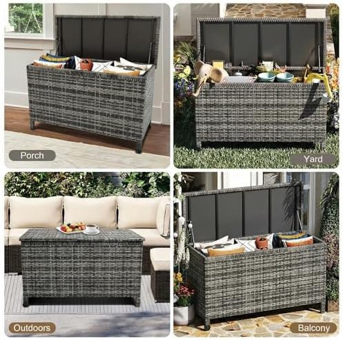 wicker deck box, 185 gallon all-weather outdoor storage, front angle view