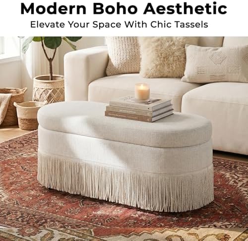 39.4“ boho storage ottoman bench with tassels,upholstered end, close-up detail