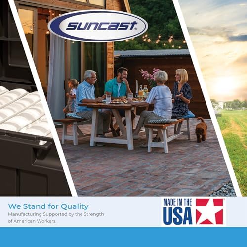 suncast 73 gal, resin deck box with wheels, front angle view