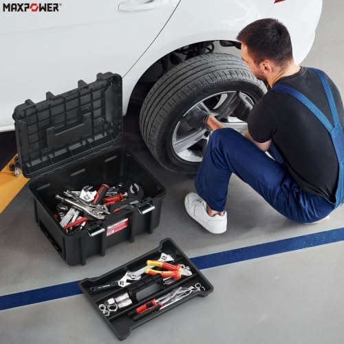 maxpower 16-inch stackable tool box, 10" h, metal on a desk or shelf