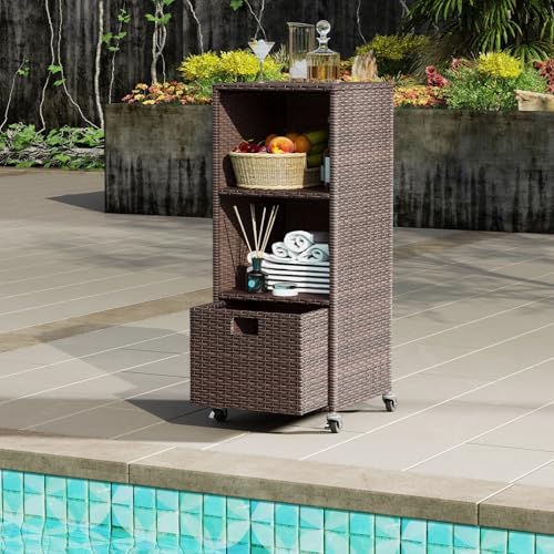 happygrill outdoor storage cabinet with wheels, pe rattan, close-up detail