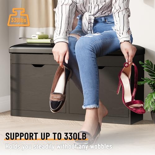 40" shoe storage bench with flip drawers padded, side view