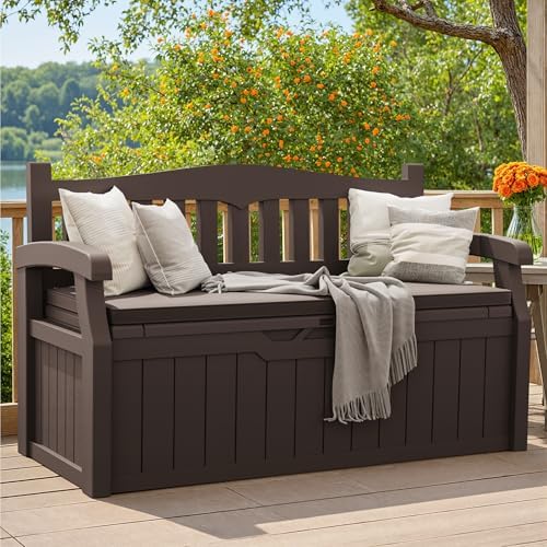 greesum 80 gallon outdoor storage bench deck box shown in use