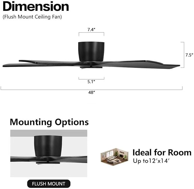 WINGBO 48" Flush Mount DC Ceiling Fans Without Lights, 5 Carved Solid Wood - Image 4