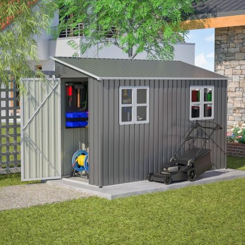 yopto 4x10 ft outdoor shed with floor frame shown in use