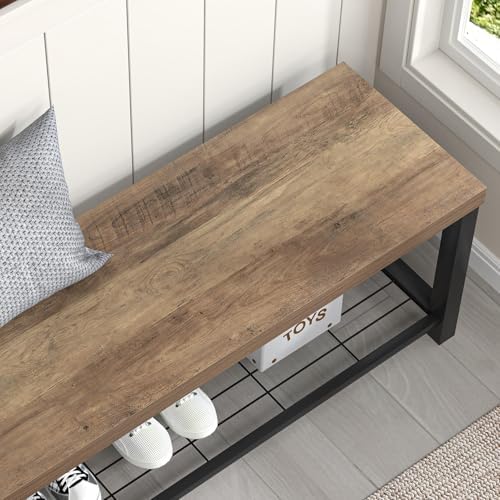 foluban entryway bench, industrial wood and metal storage, side view