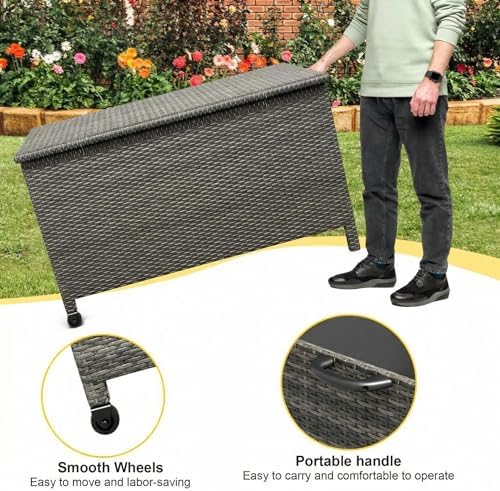 wicker deck box, 185 gallon all-weather outdoor storage showing dimensions