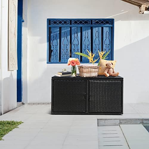 happygrill deck box outdoor wicker storage box cabinet, side view