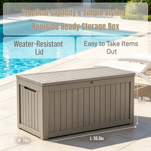 makino 198 gallon large resin outdoor storage box showing dimensions