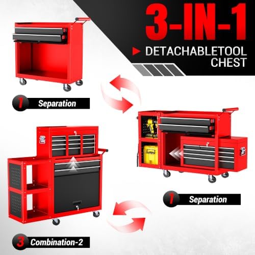 ldhthopi 8-drawer rolling tool chest, 3-in-1 modular tool, side view
