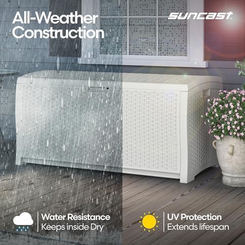 suncast 99 gallon wicker horizontal outdoor deck box on a desk or shelf