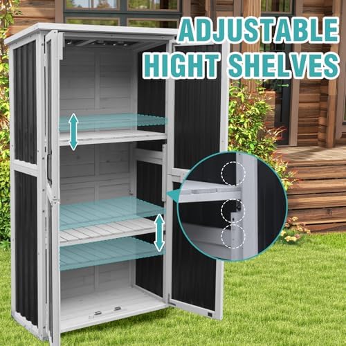 5ft outdoor storage shed with 3-level adjustable shelves, side view
