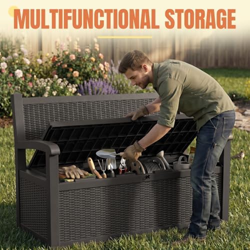storage bench outdoor deck box, 140 gallon lockable on a desk or shelf