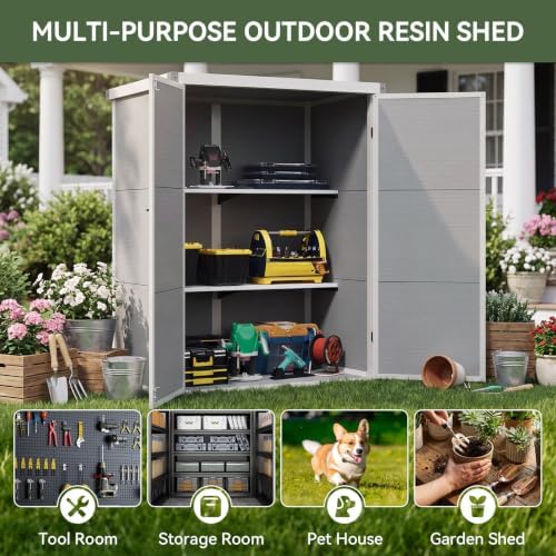 aoxun 55 cuft outdoor tall storage shed, 5×3×7ft showing dimensions