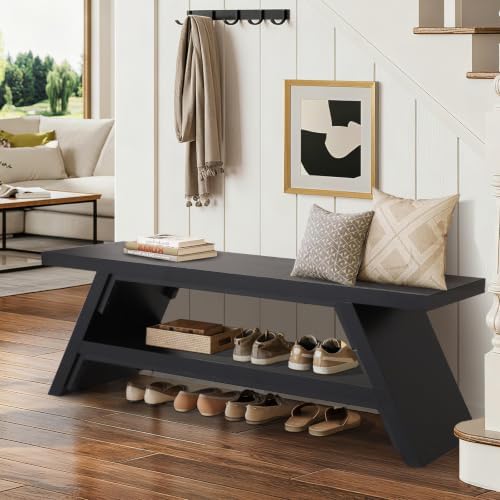 2-tier shoe storage bench, 55" large solid wood, front angle view