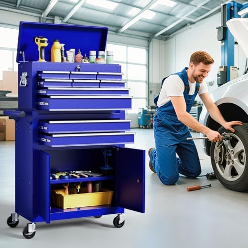 10-drawer rolling tool chest with wheels, lockable 2-in-1 shown in use