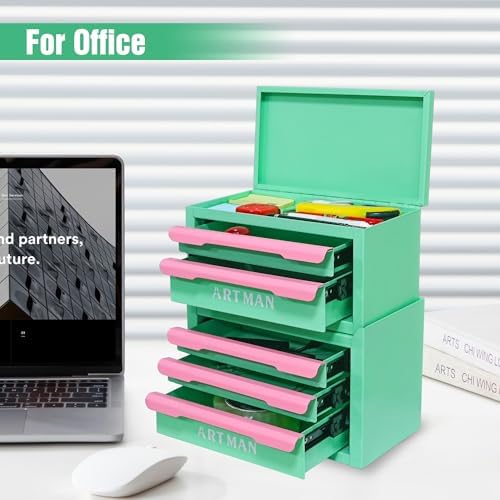 mini metal tool box, 2+3 layer portable steel on a desk or shelf