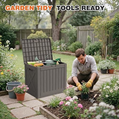 42 gallon outdoor storage box, lockable resin deck, close-up detail