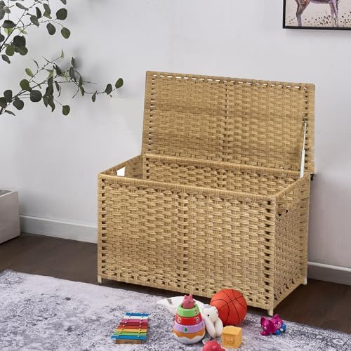 wicker storage trunk, large storage basket with lid,rural shown in use