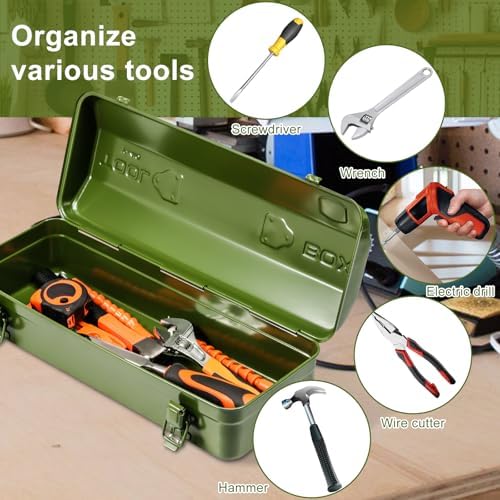 tool box, 16.9" portable metal tool organizer box showing dimensions