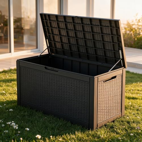 130 gallon deck box,lockable outdoor storage box gas, front angle view