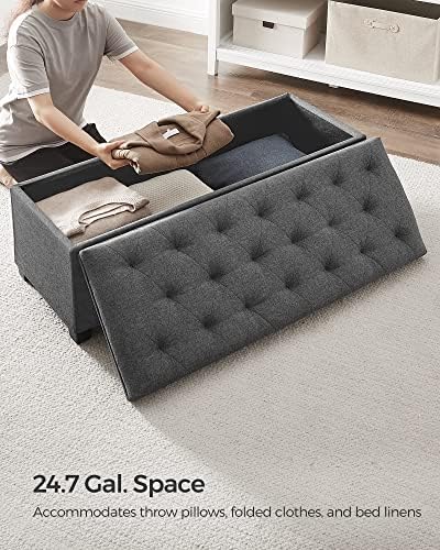 songmics storage ottoman bench, foot rest with legs shown in use