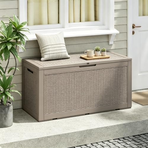 110 gal outdoor storage box waterproof lockable,deck box,medium showing dimensions