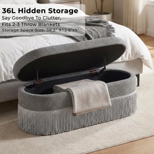 39.4“storage ottoman bench with tassels, oval end of, side view