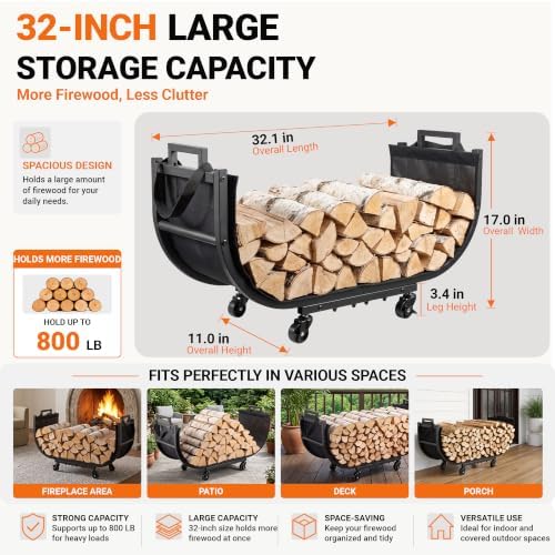 yqbrao 32-inch firewood rack, rolling firewood cart with, side view