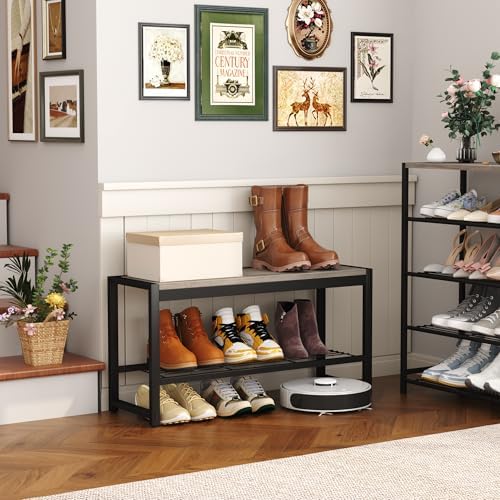 homefort 2 tiers shoe bench, retro industrial shoe showing dimensions