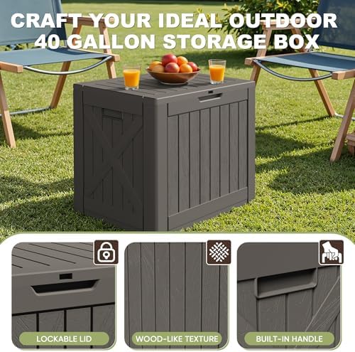 greesum 40 gallon resin deck box, outdoor storage, side view