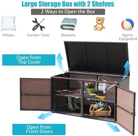 happygrill deck box outdoor wicker storage box cabinet showing dimensions