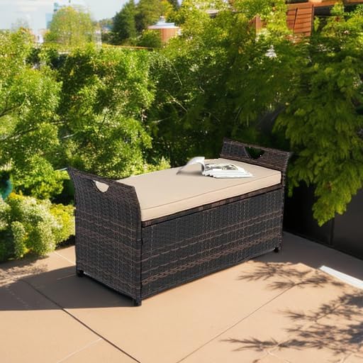 vingli 40 gallon outdoor storage bench with cushion shown in use