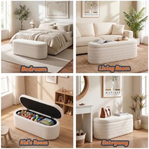 teddy sherpa storage ottoman bench end of bed, front angle view