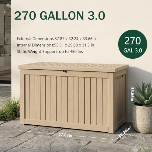 outdoor storage box,270 gallon waterproof deck box [upgraded shown in use